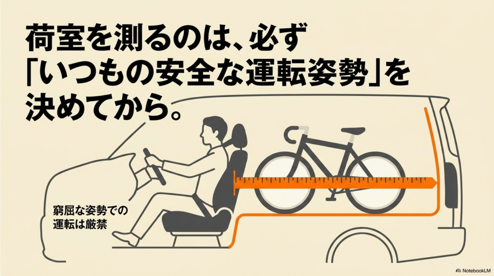 運転席の安全な着座姿勢を確保したうえでシエンタの荷室長と自転車の積載スペースを測る方法を示した図