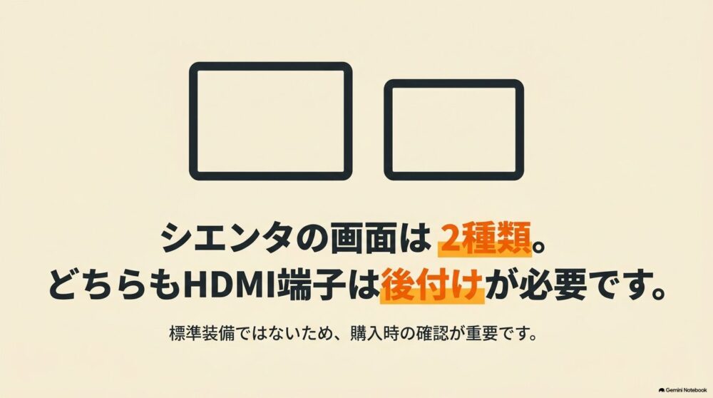 シエンタ10系の8インチと10.5インチ画面、HDMI端子は後付けが必要であることを示した図