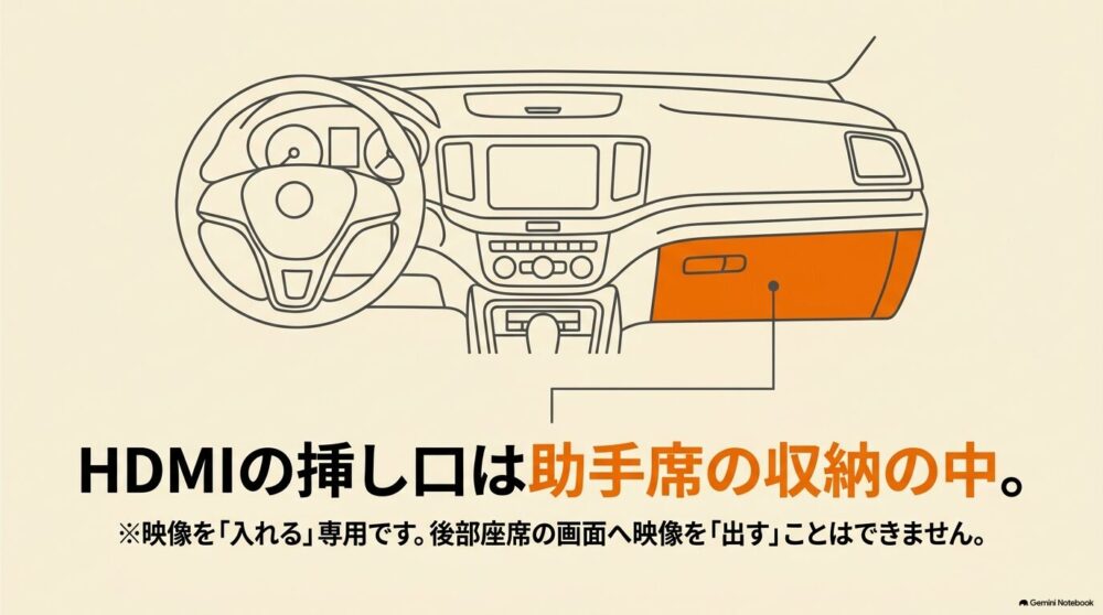 シエンタの純正HDMI入力端子が助手席側のグローブボックス内に設置される位置を示した図
