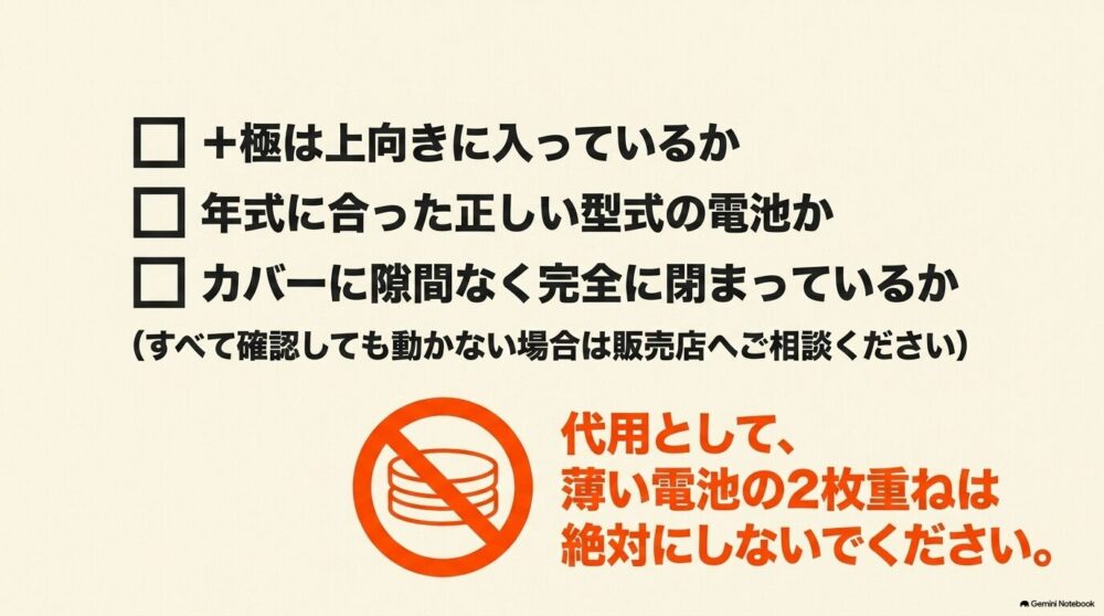 シエンタのキー電池交換後に＋極の向きや電池型式、カバーの閉まりを確認するチェック項目