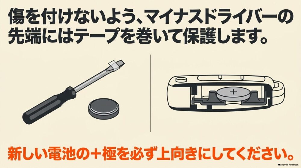 シエンタのキー電池交換でドライバー先端をテープで保護し電池の＋極を上向きにする方法