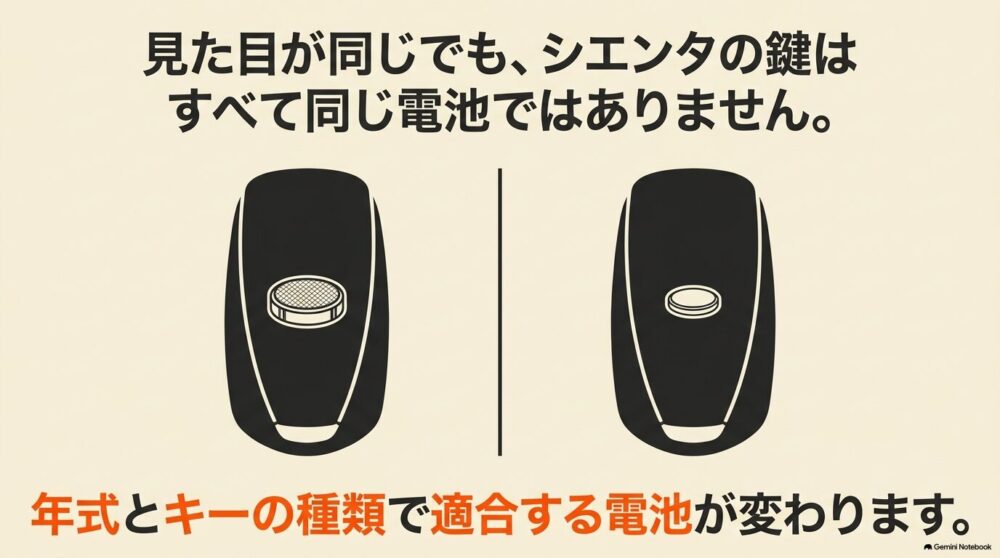シエンタのキー電池が年式とキーの種類によって異なることを示した比較図