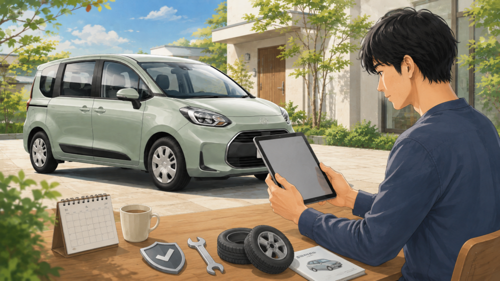 シエンタのKINTO料金と保険やメンテナンス内容を確認する男性のイメージ