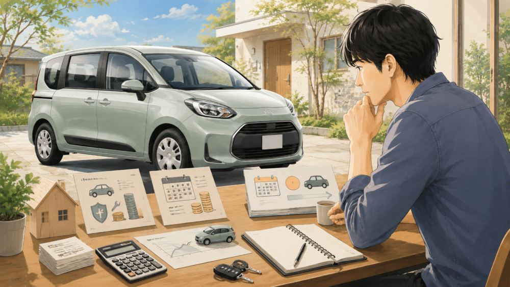 シエンタの購入とKINTOの費用や保有方法を比較検討する男性のイメージ
