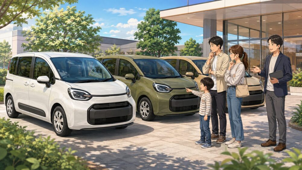 白・アーバンカーキ・ベージュの新型シエンタを家族で比較する様子