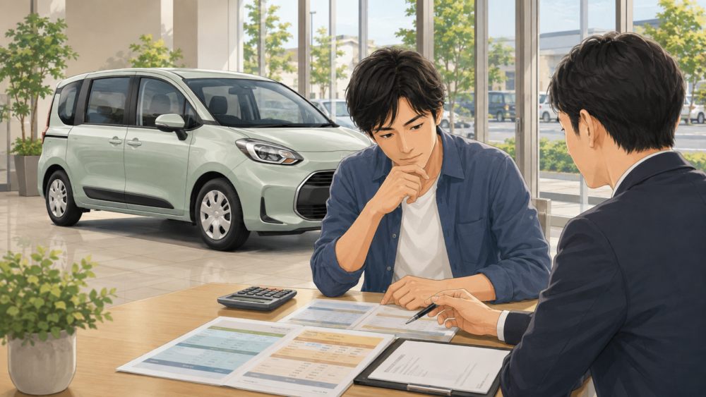 シエンタの購入費用と残価設定ローンを販売店で比較する男性のイメージ