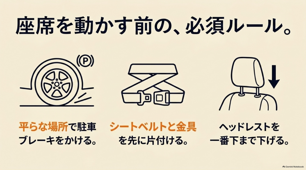 シエンタのシート操作前に平坦地での駐車やシートベルト収納、ヘッドレスト確認を行う安全手順の図解