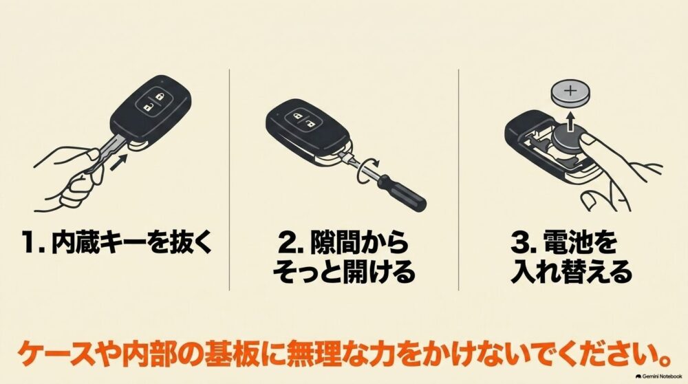シエンタのスマートキーから内蔵キーを抜きケースを開けて電池を交換する3ステップ