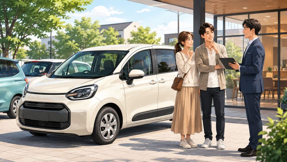 白い新型シエンタのリセールや買い替えについて販売店で相談する夫婦