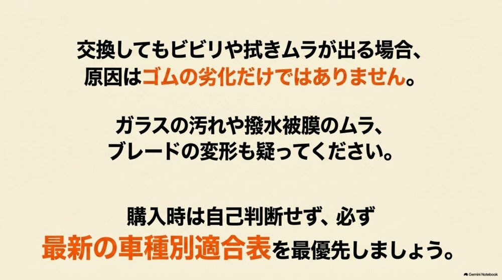 ワイパー交換後もビビリや拭きムラが出る場合は、ゴムの劣化だけでなくガラスの汚れや撥水被膜のムラ、ブレード変形も確認すべきだと示すスライド