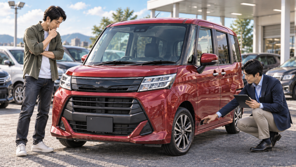 2019年式をイメージした赤系ルーミーを査定する男性と査定スタッフ