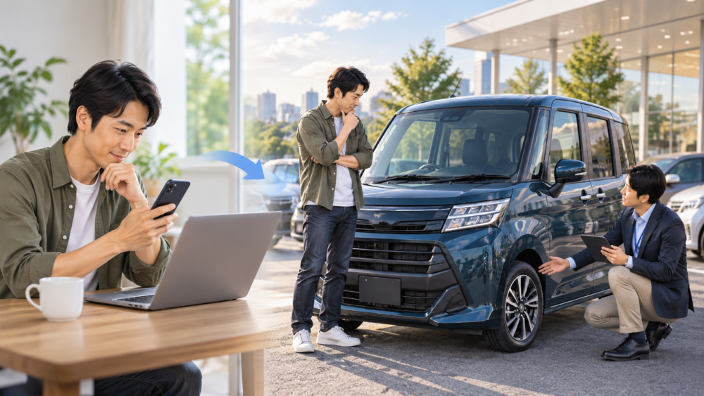 スマートフォンで査定を申し込み実際にルーミーの査定を受ける男性のイメージ