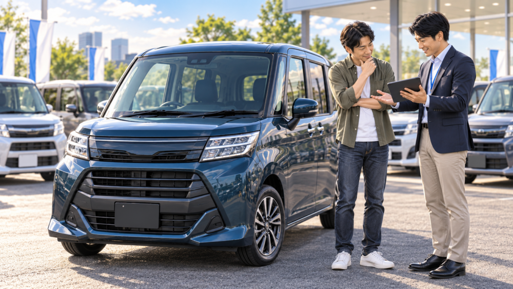 ルーミーの最新買取相場を中古車販売店で確認する男性のイメージ
