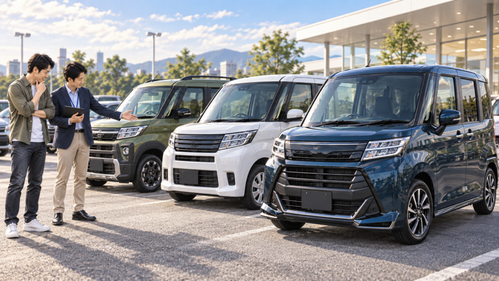 グレードや仕様の異なるルーミーを中古車販売店で比較する男性のイメージ