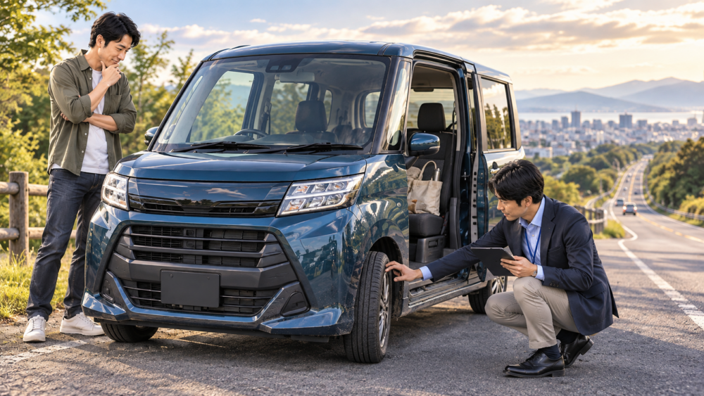 走行距離による買取価格の違いを確認するためルーミーのタイヤや車両状態を査定する様子