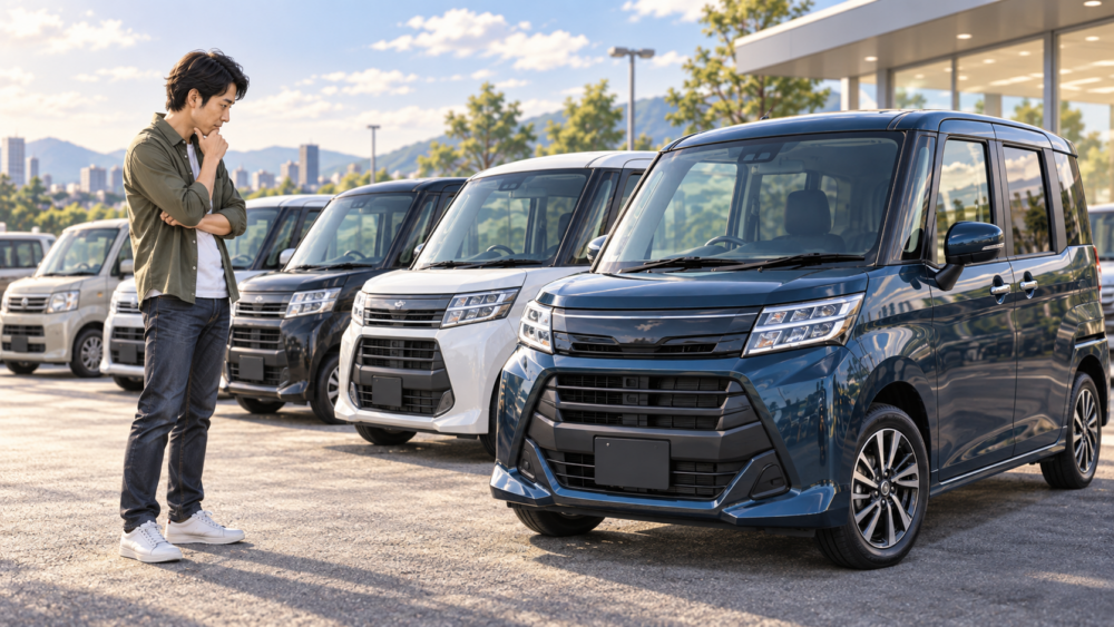 年式の異なるルーミーを中古車販売店で比較する男性のイメージ