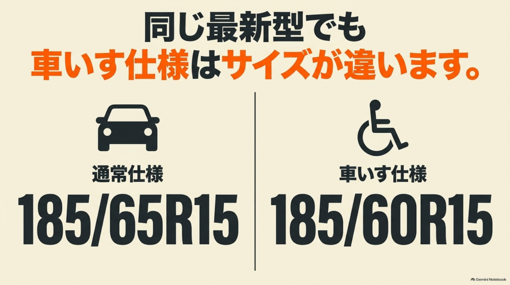 10系シエンタ通常仕様185/65R15と車いす仕様185/60R15のタイヤサイズの違い