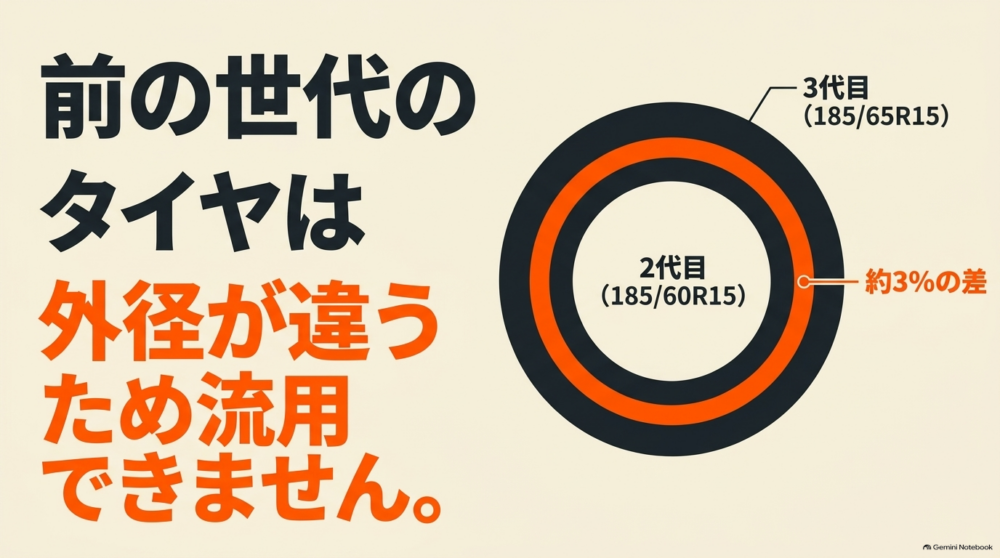 170系シエンタ185/60R15と10系185/65R15のタイヤ外径が約3％異なることを示す比較図