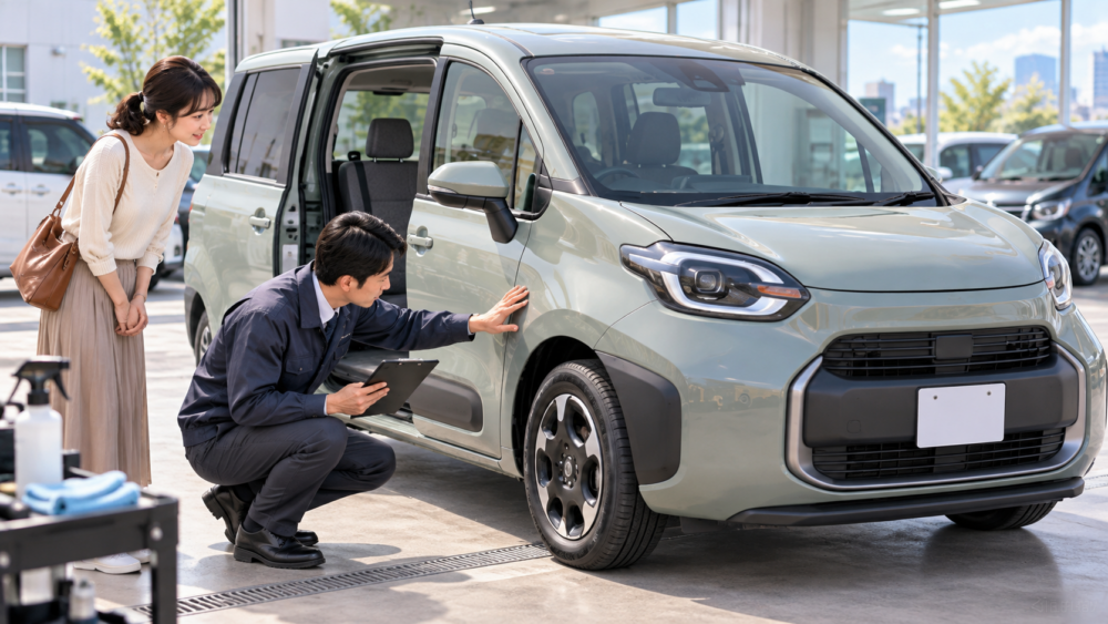 シエンタの外装やタイヤなど車両状態を細かく確認する買取査定のイメージ