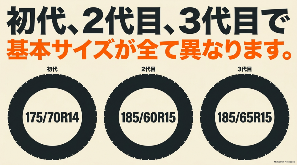 シエンタ初代80系・2代目170系・3代目10系の基本タイヤサイズを比較した図