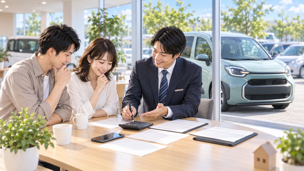 シエンタハイブリッド中古の支払総額や購入費用を販売スタッフと確認する夫婦のイメージ