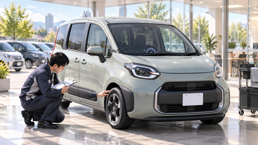 シエンタの走行距離や車両状態を確認して査定するスタッフのイメージ