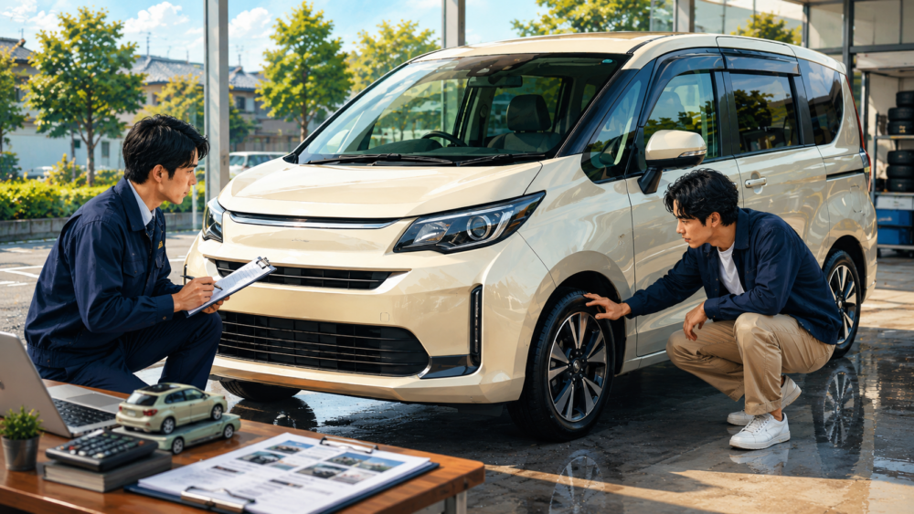 シエンタの車両状態やタイヤを確認して査定する様子のイメージ