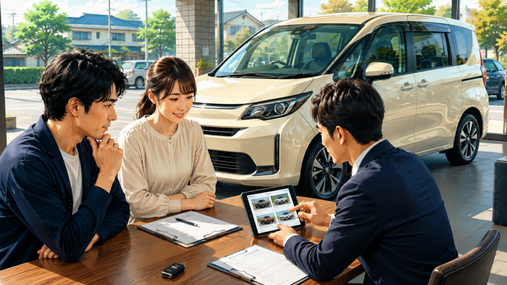 シエンタの売却時期と複数の査定方法を比較する商談のイメージ