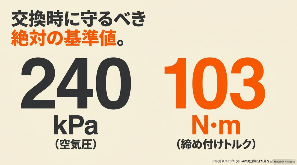 シエンタ10系の指定空気圧240kPaとホイールナット締め付けトルク103N・mを示す図