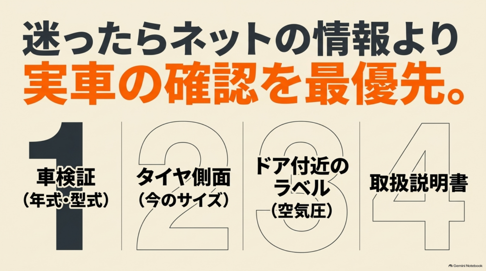 シエンタのタイヤ選びで車検証・タイヤ側面・空気圧ラベル・取扱説明書を確認する手順