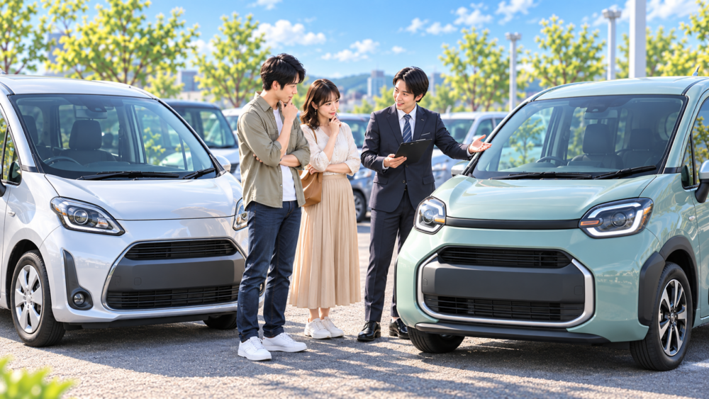 シエンタの中古車で二代目と三代目の違いを販売スタッフと比較する夫婦のイメージ