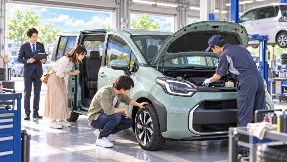 整備工場でシエンタ中古車のエンジンやタイヤ、スライドドアを購入前に確認する夫婦のイメージ