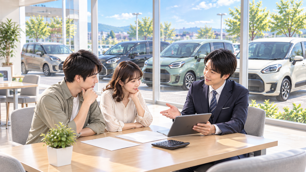 ショールームでシエンタ中古車の年式や相場について販売スタッフから説明を受ける夫婦のイメージ