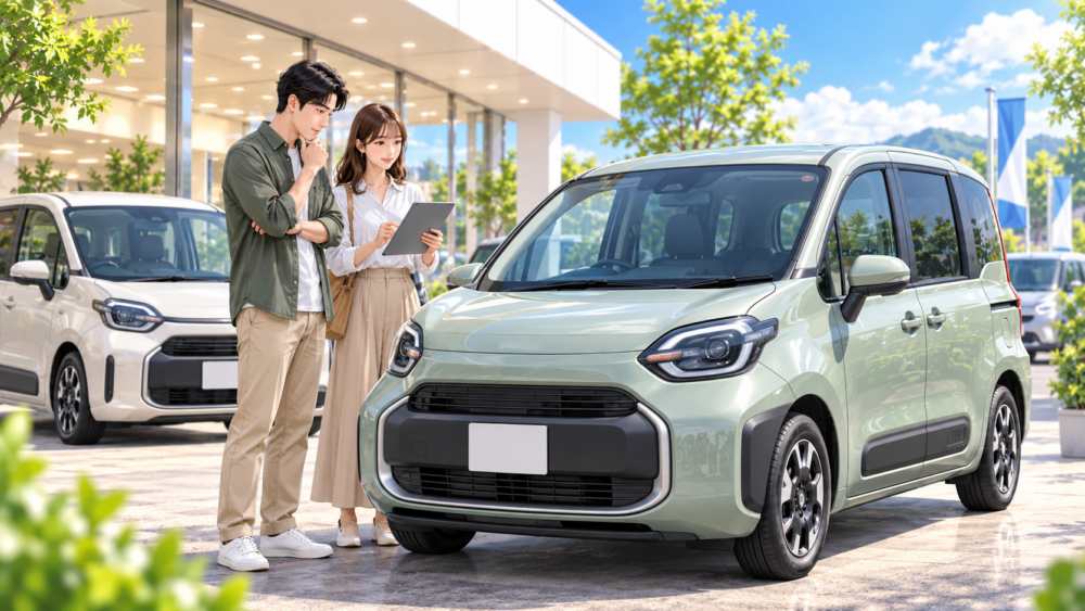 新型シエンタの中古車と新車の価格や条件を比較する夫婦のイメージ