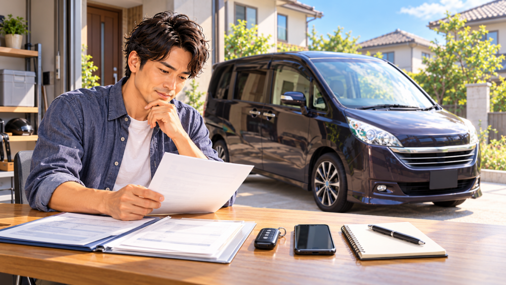 車の査定前に必要書類やスマートフォンを準備して確認する男性のイメージ