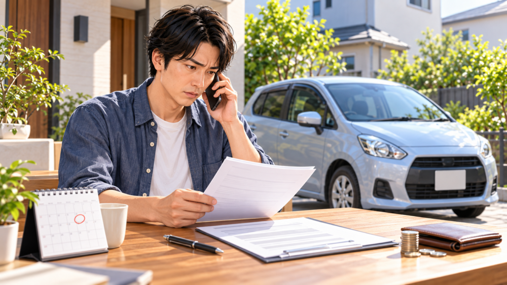 車売却の電話をしながら契約書とキャンセル条件を確認する男性