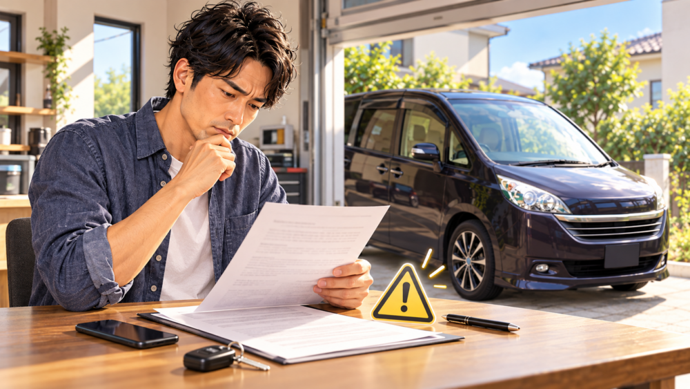 車の売却契約前に書類と条件を慎重に確認する男性のイメージ