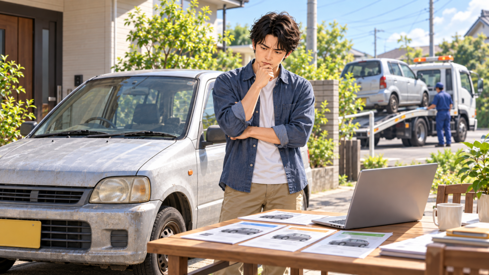 古い車の売却方法を検討しレッカー引き取りや他社査定を比較する男性