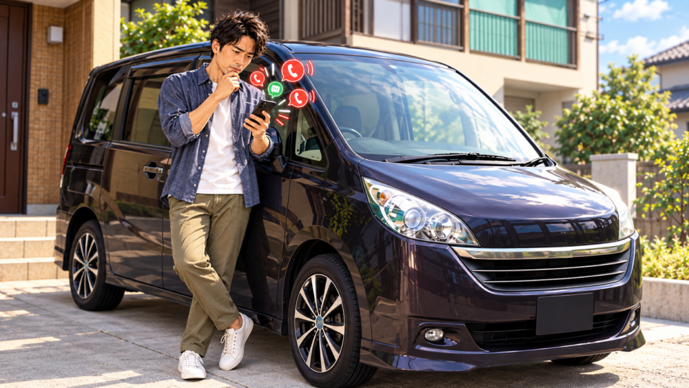 車のそばでスマートフォンへの複数の着信を確認する男性のイメージ