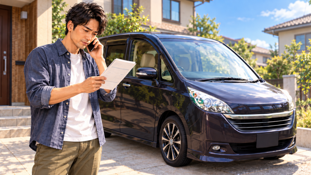 車のそばで書類を確認しながら電話査定を受ける男性のイメージ