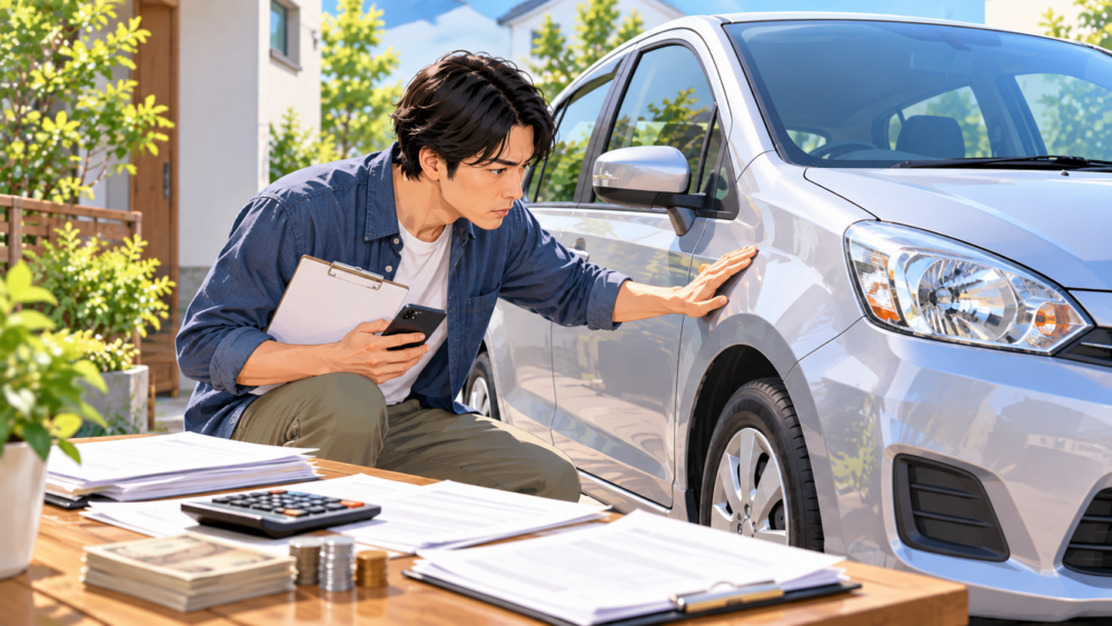 車売却前に車両状態を確認し査定額や還付金に関する書類をチェックする男性