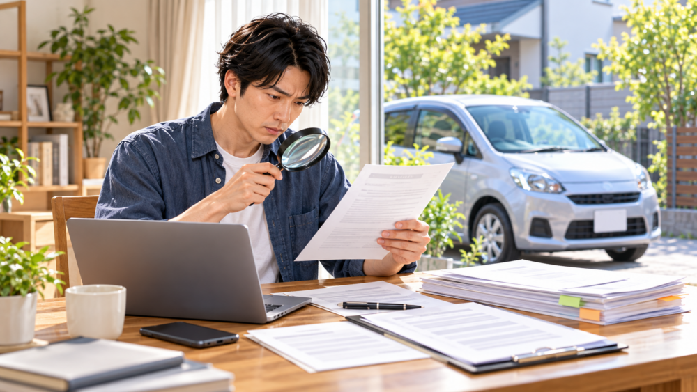 カーネクストの信頼性を確認するため車売却の資料を虫眼鏡で調べる男性