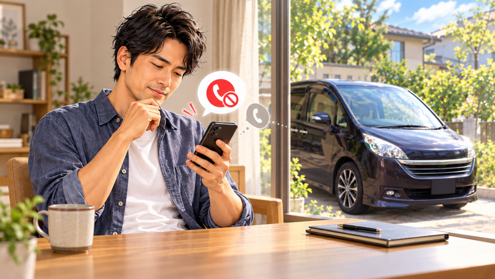 車の査定後にスマートフォンで連絡を断り安心する男性のイメージ
