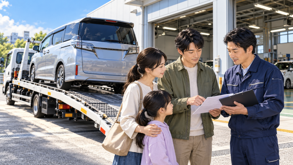車検切れの車を車載車で安全に運び整備工場で手続きを確認する家族