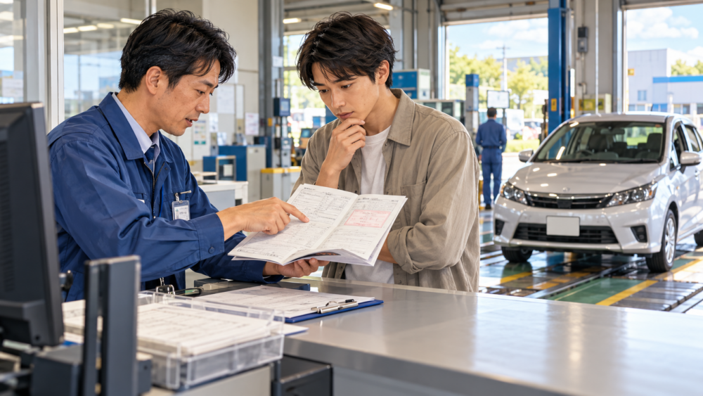 自動車検査場で車検証の内容を職員と確認する日本人男性と車両