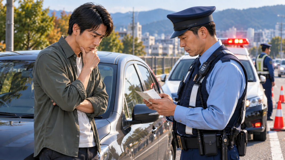 車検切れ車の確認で警察官から書類確認を受ける日本人ドライバー