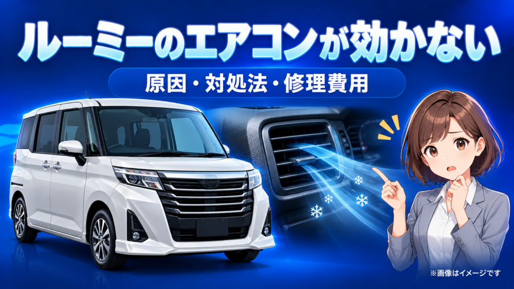 ルーミーのエアコンが効かない原因と対処法・修理費用を、車両とエアコン吹出口のイラストで紹介する記事アイキャッチ画像