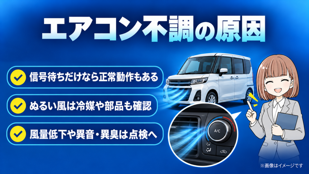 ルーミーのエアコン不調の主な原因を、信号待ち時の冷房停止やぬるい風、風量低下の観点からまとめた解説イメージ画像