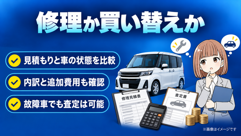 ルーミーのエアコン修理と買い替えのどちらを選ぶべきか、見積もりや車の状態、査定の観点から比較したイメージ画像