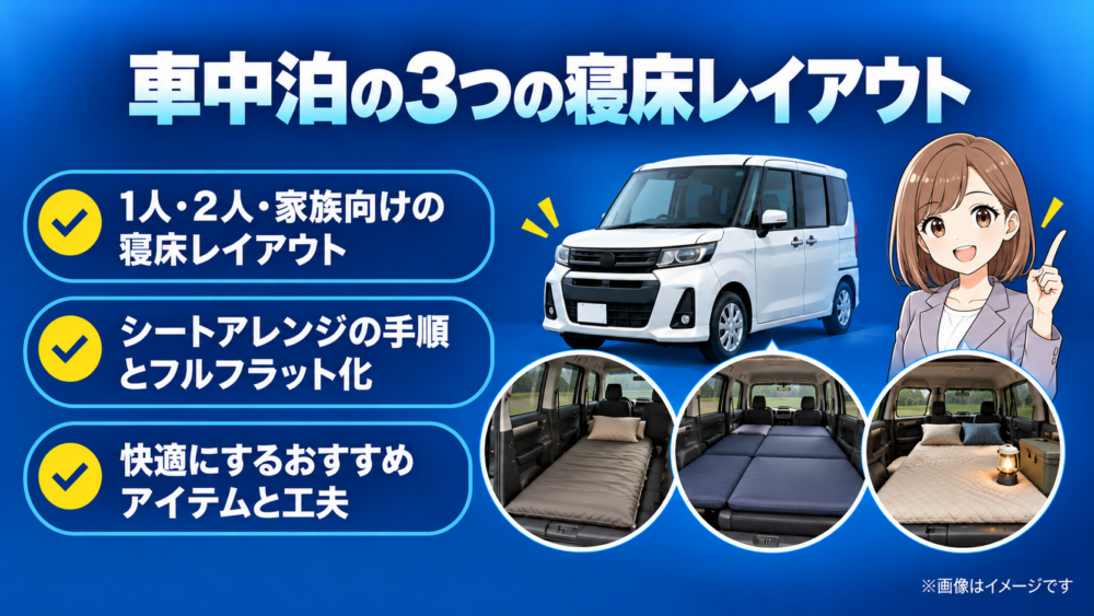 ルーミー車中泊のフルフラット・ダイブイン・ベッドキットの選び方を、車両と寝具のイメージで解説したイメージ画像